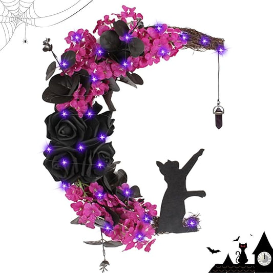 Halloween Wreaths For Front Door, Flower Moon Cat Halloween Home Decoration, Halloween Family Gathering Decoration Wreath，Outdoor, Wall, Closet, Fence, Wreath Halloween (Rose Red)