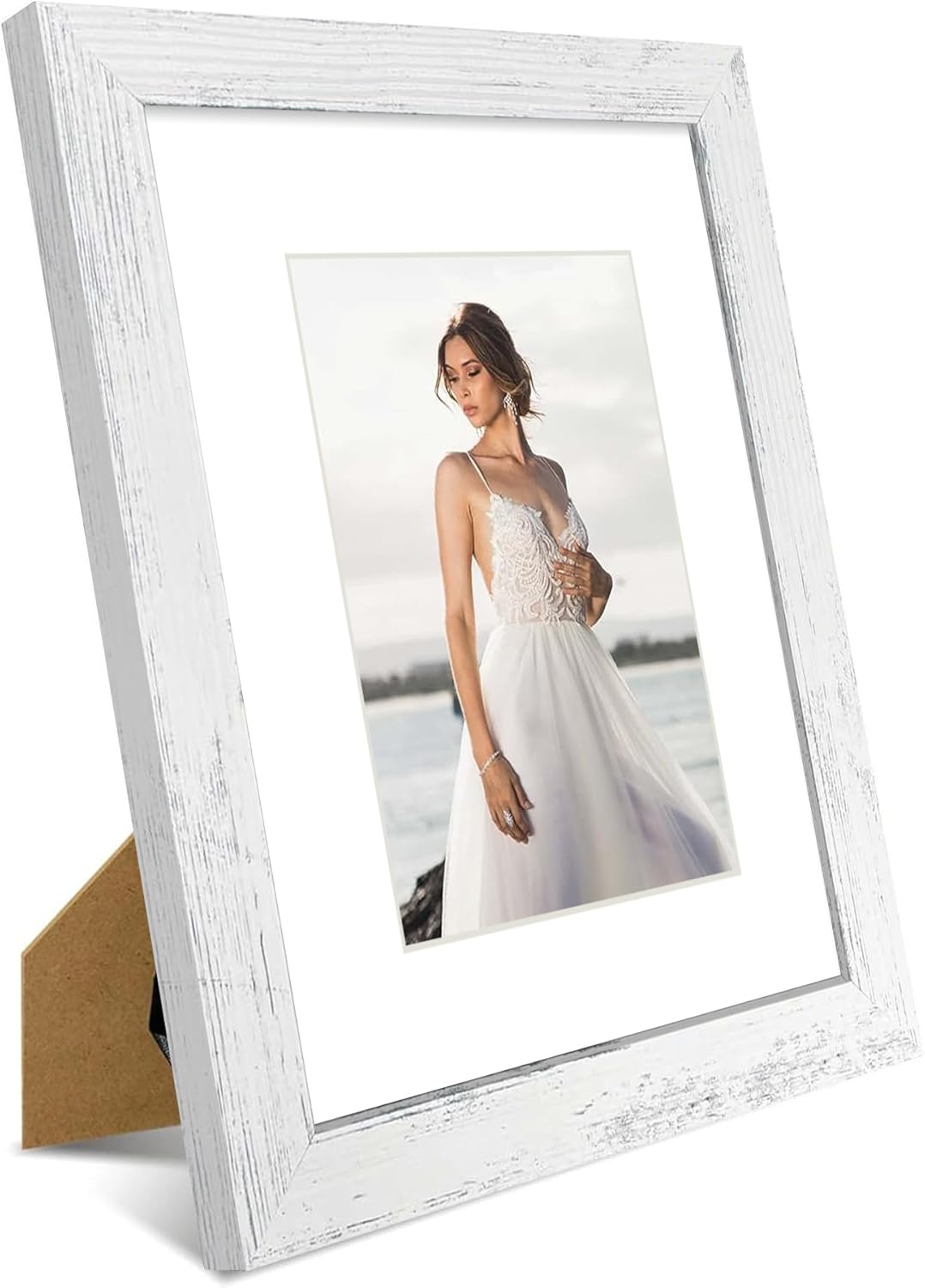 iRahmen 8x10 Picture Frame Set of 2, Distressed White Wood Photo Frame with Real Glass, Display Pictures 5x7 with Mat or 8 x 10 without Mat for Tabletop or Wall Mounting