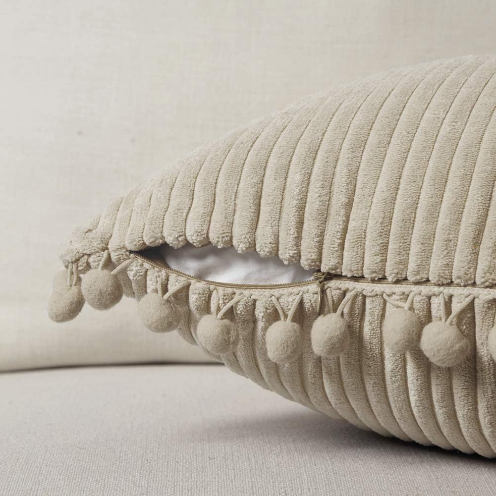 Fancy Homi Pack of 2 Tan Boho Decorative Throw Pillow Covers 18x18 with Pom-poms, Soft Corduroy Solid Square Cushion Cases Set for Living Room Couch Sofa Bedroom Car (18x18 Inch/45x45 cm, Khaki)