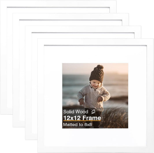 KINLINK 12x12 Picture Frame, White Square Solid Wood Frames for Pictures 8x8 with Mat or 12x12 without Mat, Wall Display Photo Frames White 4 Pack