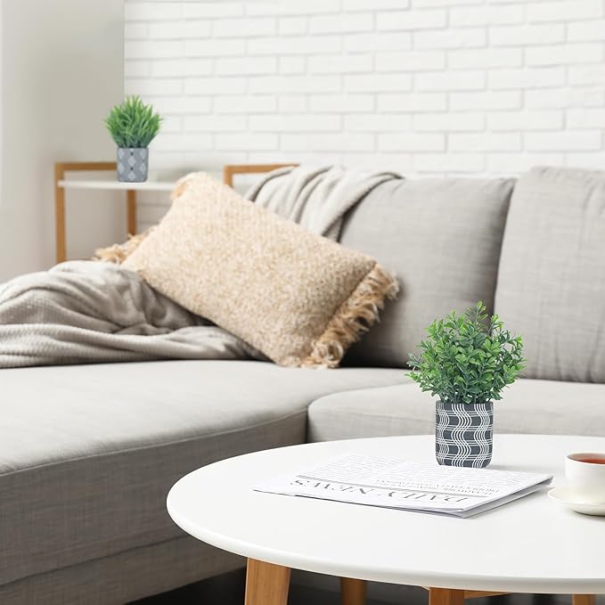 2 Pack Small Fake Plants, Fake Grass Plant, Artificial Boxwood with Geometric Pattern Cement Pots, Small Potted Faux Greenery for Home Decor, Bathroom, Shelf, Office, Farmhouse Decoration