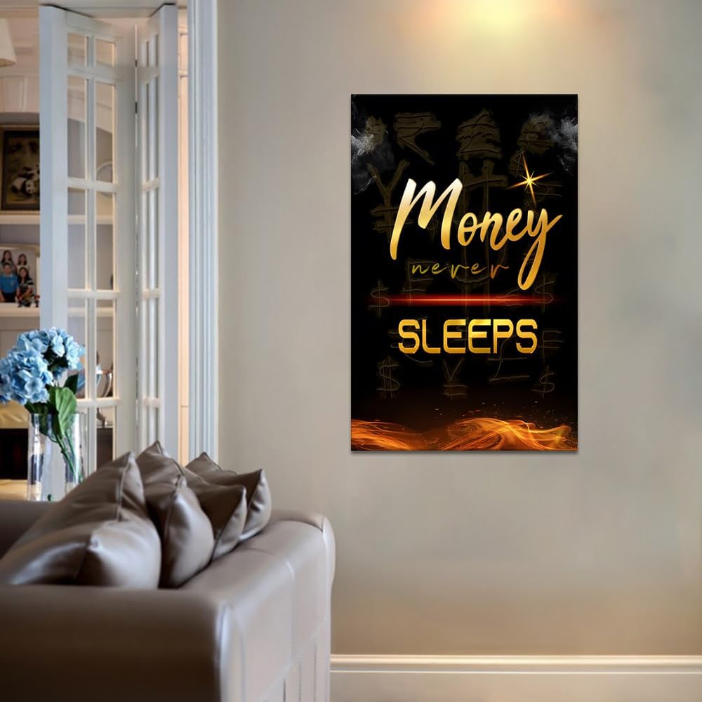 Large Size Money Never Sleeps Motivational Framed Wall Art Canvas Paintings Black and White Golden Artwork Stretched and Framed Easy to Hang-28x44 inch