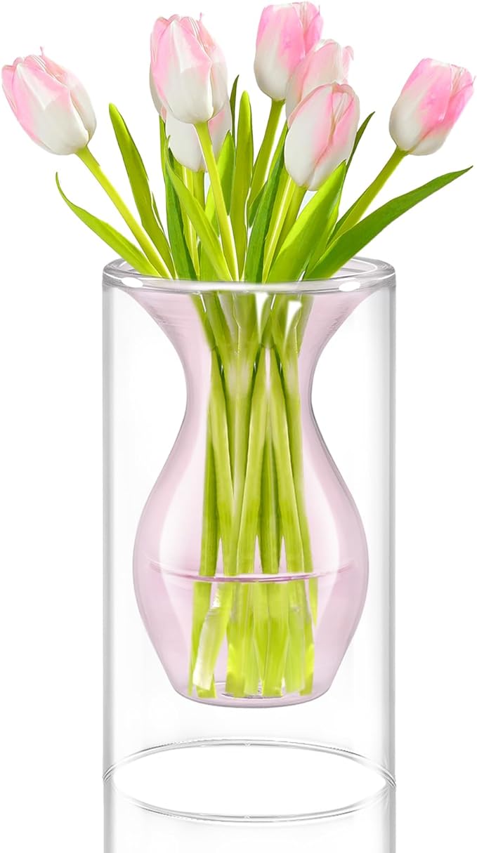 ZENS Unique Pink Small Flower Vase, Double Hollow Floating Clear Glass Vase, Modern Decorative Hand Blown Cool Bud Vase for Home Small Bouquet, Wedding Centerpieces