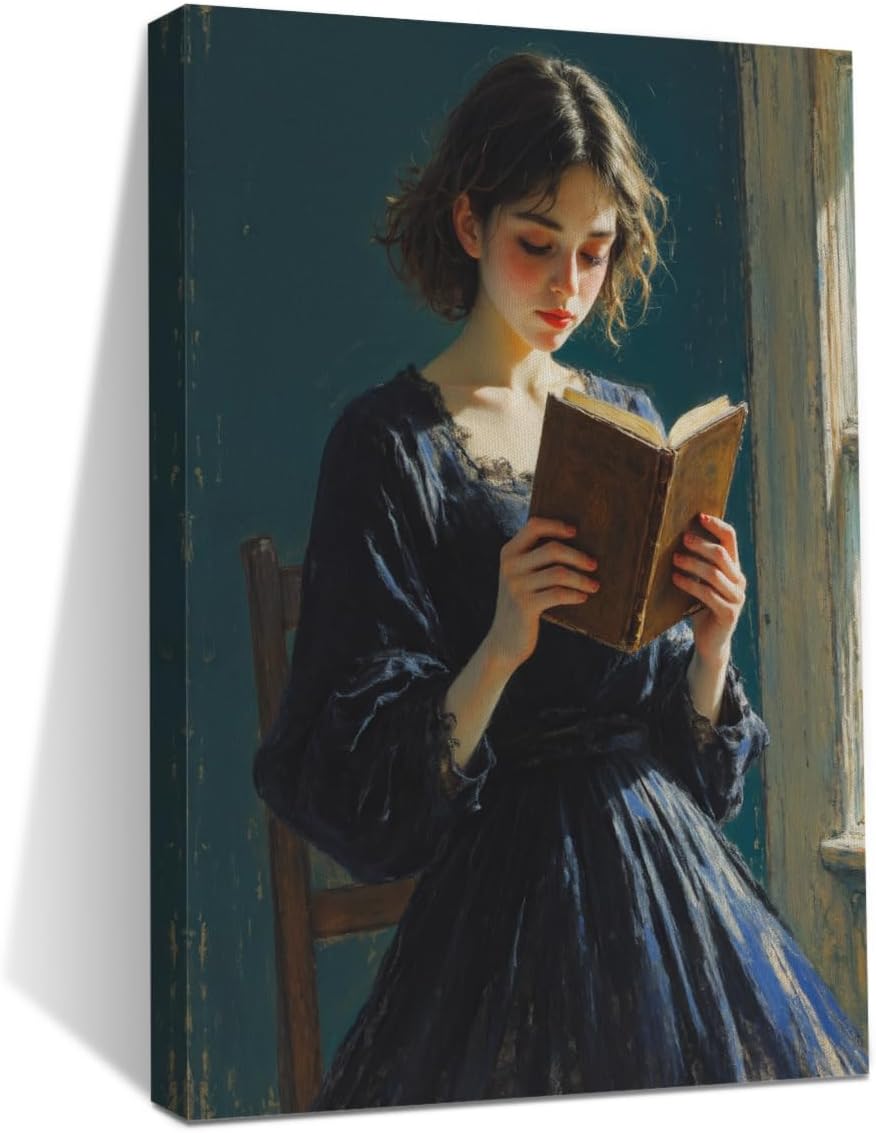 Classical Reading Woman Portrait Wall Art, Renaissance Style Vintage Oil Painting Canvas Framed Prints Decor, Retro Poster for Library Bedroom Book Shelf Living Room Entryway Aesthetic.