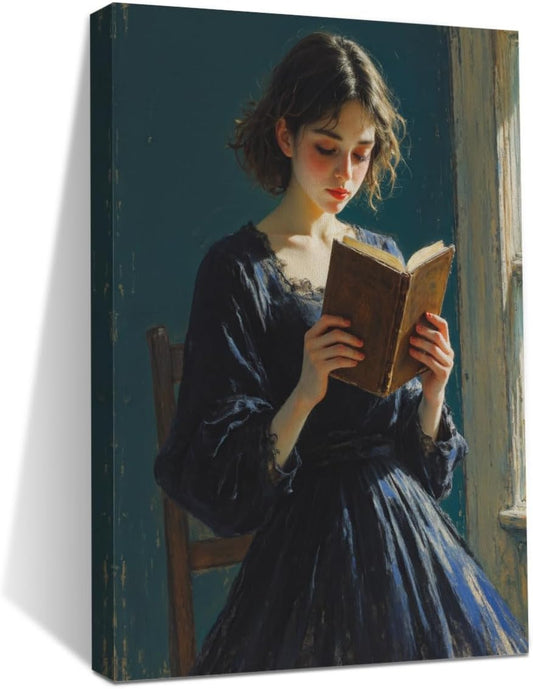 Classical Reading Woman Portrait Wall Art, Renaissance Style Vintage Oil Painting Canvas Framed Prints Decor, Retro Poster for Library Bedroom Book Shelf Living Room Entryway Aesthetic.