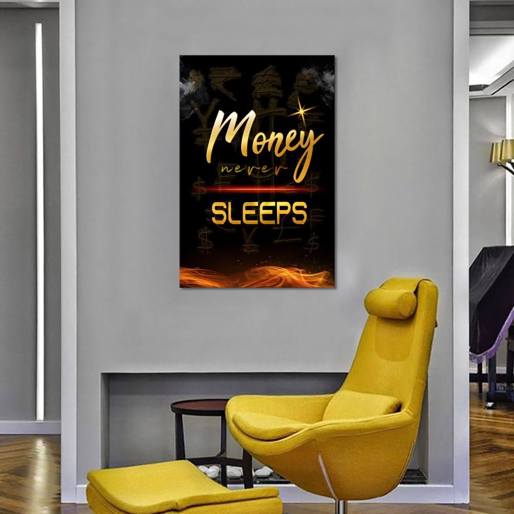 Black and White Golden Yellow Money Never Sleeps Positive Quotes Office Wall Art Framed Inspirational Artwork Living Room Bedroom Wall Decor Ready to Hang-24x36 inch