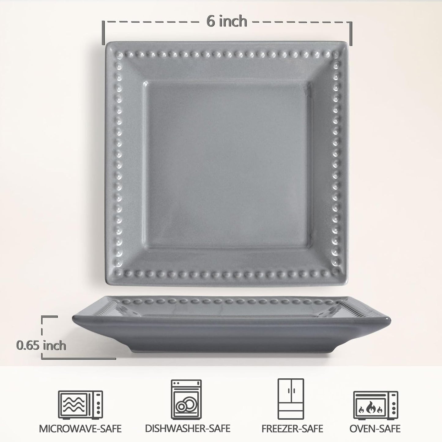 Embossed Appetizer and Dessert Plates, Set of 4, 6 inch Grey Square Dinner Plates for Snack and Restaurant, Dishwasher, Microwave Safe