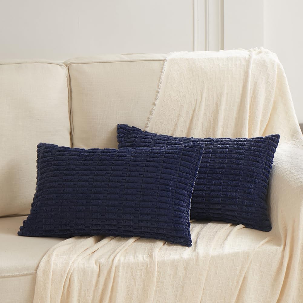 Fancy Homi Navy Blue Decorative Throw Pillow Covers 14x24 Inch for Living Room Couch Bed Sofa, Soft Corduroy Square Cushion Case 35x60 cm, Rustic Modern Farmhouse Boho Home Decor