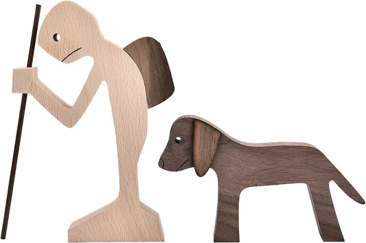 ISHINE Handmade Wooden Statue for Home Decor, Man and Dog Wood Figurine, Wood Decor Accents Craft Figurine for Bedroom Home Office Shelf Decor Gift Natural ECO Friendly