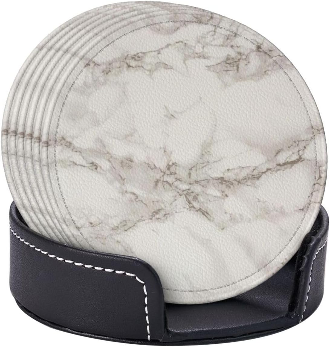 Drink Coasters with Holder Stand Set of 6, White Marble Texture Pu Leather Absorbent Coasters with Cork Base Table Round Coaster for Housewarming Apartment Kitchen Bar Decor