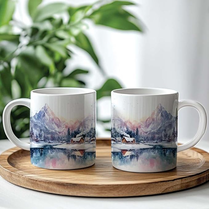 Winter Mountain Coffee Mug - Mountain Lover Mugs Gifts for Women Men - Birthday, Christmas Gift for Friend Mom Dad Wife Husband - Watercolor Printed 11oz Ceramic Mug