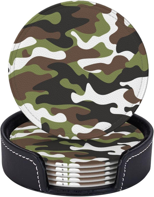 Drink Coasters with Holder Stand Set of 6, Camouflage Pu Leather Absorbent Coasters with Cork Base Table Round Coaster for Housewarming Apartment Kitchen Bar Decor
