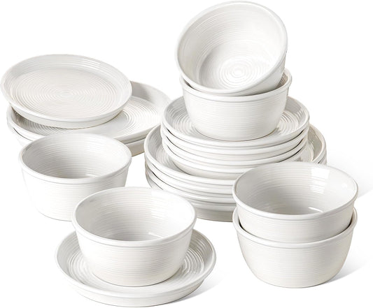 LE TAUCI 18-Piece Ceramic Dinnerware Set, Service for 6 – White Farmhouse Deeper Plates & Bowls (10" Dinner, 8" Salad, 6" Bowls), Stackable, Chip Resistant Stoneware Dishes