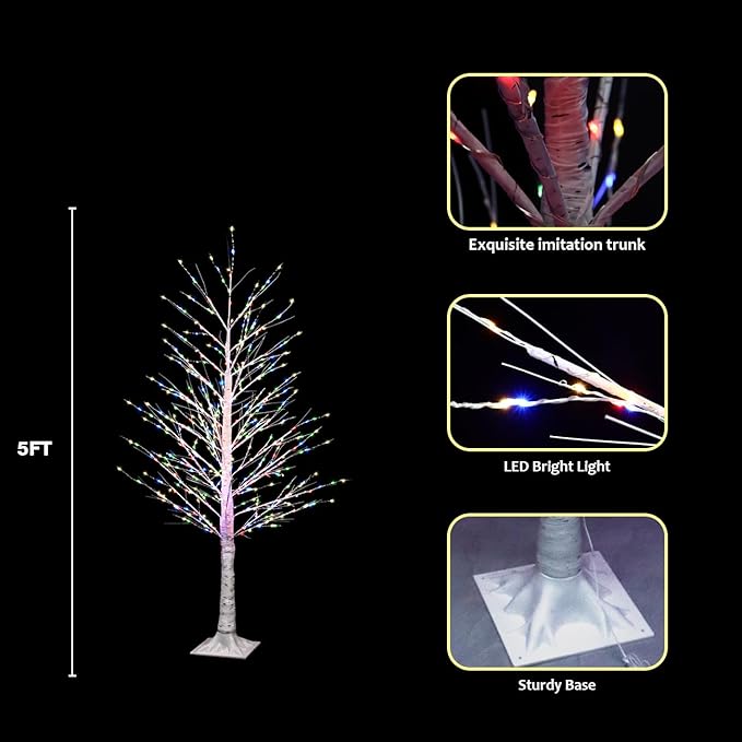 5FT Lighted Birch Tree with Twinkle Lights, Twinkling or Steady Function for Selected, Christmas Tree Multicolor Lights, Birch Tree with LED Lights for Indoor Outdoor Christmas Decorations