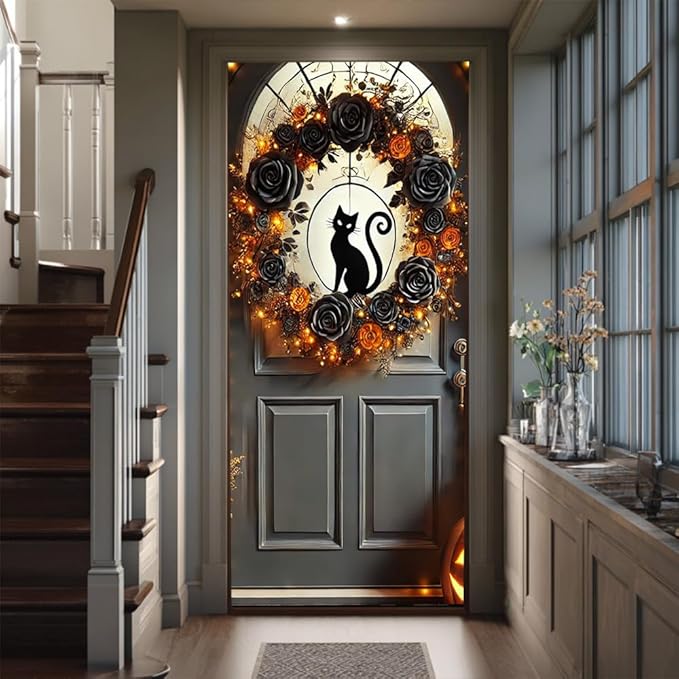 2D flat Halloween Pumpkin Black Cat Door Cover – Spooky Door Banner for October Front Porch Party, Christmas Themed Hanging Decorations for Indoor, 71x35 Inch