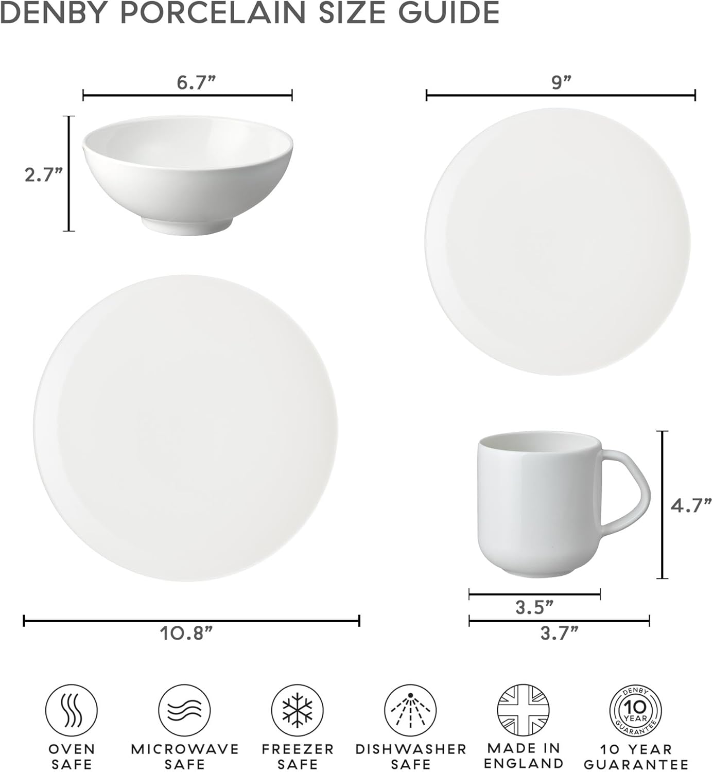 Denby - Classic White Porcelain Medium Plates Set of 6-9 Inch Glazed, Dishwasher Microwave Oven Safe - Scratch Chip Resistant Lunch, Appetizer, Dessert Plates - Dinnerware Plate Set