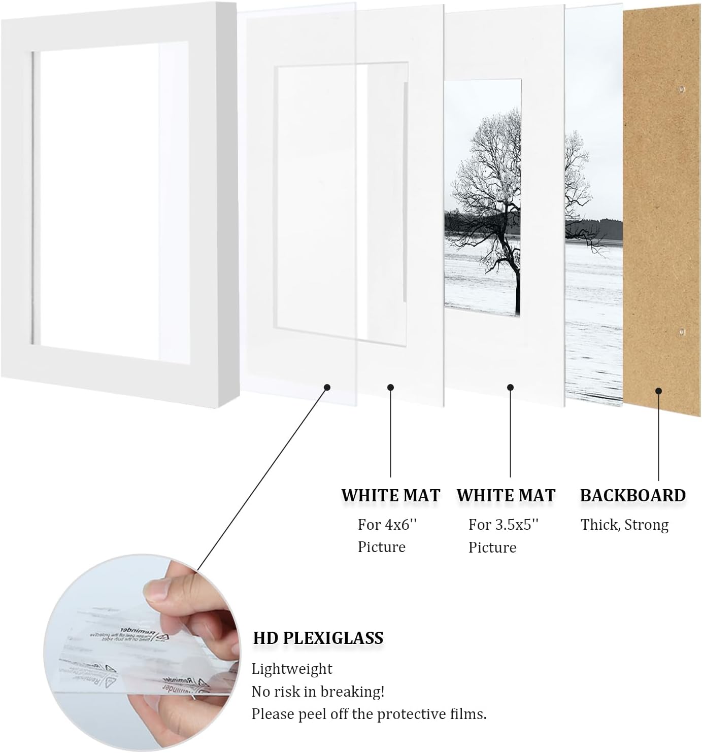 Egofine 4x6 Picture Frames Set of 4, Made of Solid Wood Covered by Plexiglass 3.5x5 with Mat or 4x6 without Mat, for Table Top Display and Wall Mounting Photo Frame White