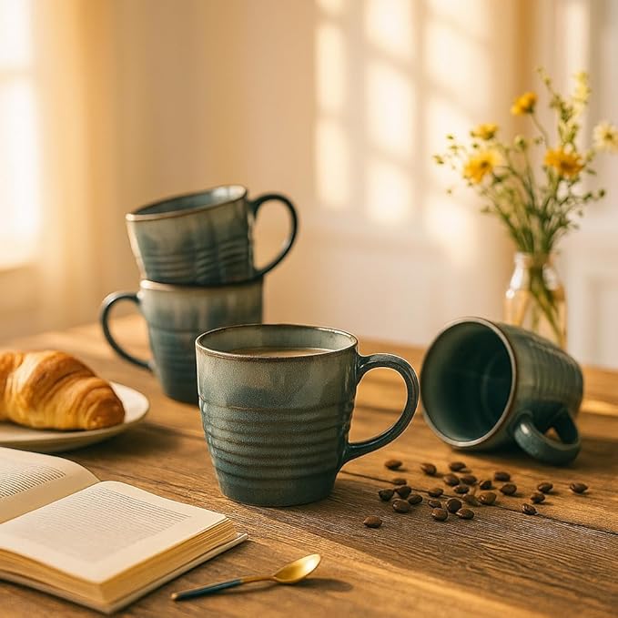 14 oz Coffee Mugs Set of 4, Ceramic Coffee Mugs with Handle – Reactive Glaze Stoneware Coffee Mug Set for Tea, Latte, Cappuccino, Cocoa, Hot Chocolate – Microwave & Dishwasher Safe - Blue