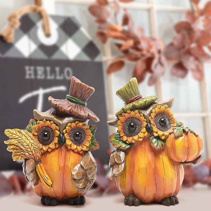 Hodao Harvest Decor Resin Owl Figurines with Sunflower and Pumpkin, Thanksgiving Collectible Statue for Autumn Table Decor, Rustic Fall Accent Gift for Home and Garden Seasonal Decoration