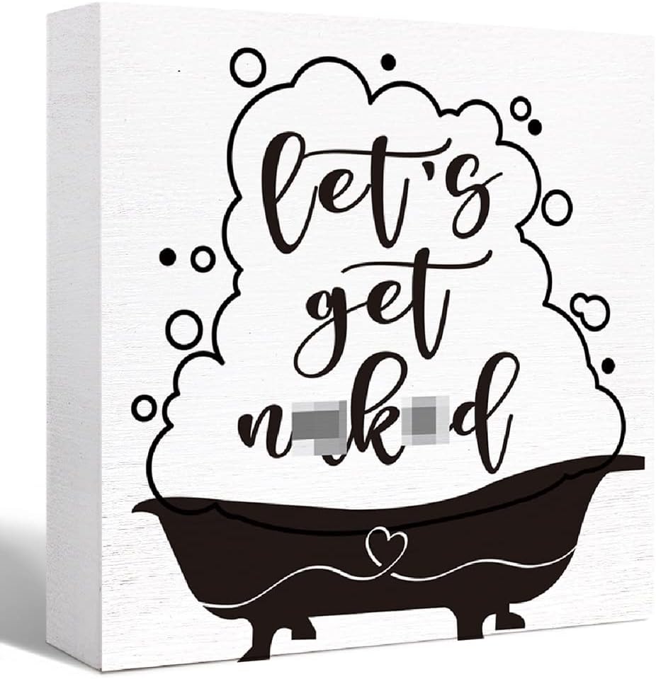 Funny Wood Block Sign 'Let's Get Naked' for Bathroom Shelf, Toilet, Restroom - Farmhouse Wooden Box Sign for Home Tabletop Desk Decor
