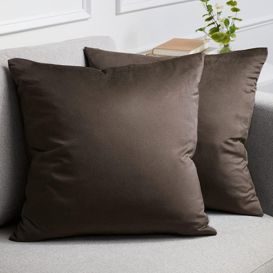 lalaLOOM Velvet Throw Pillow Covers, Set of 2, 24x24 Decorative Square Pillows Home Decor, Soft Accent Cases, Silky Machine Washable Pillowcases for Sofa, Couch, Bedroom, Living Room, Brown