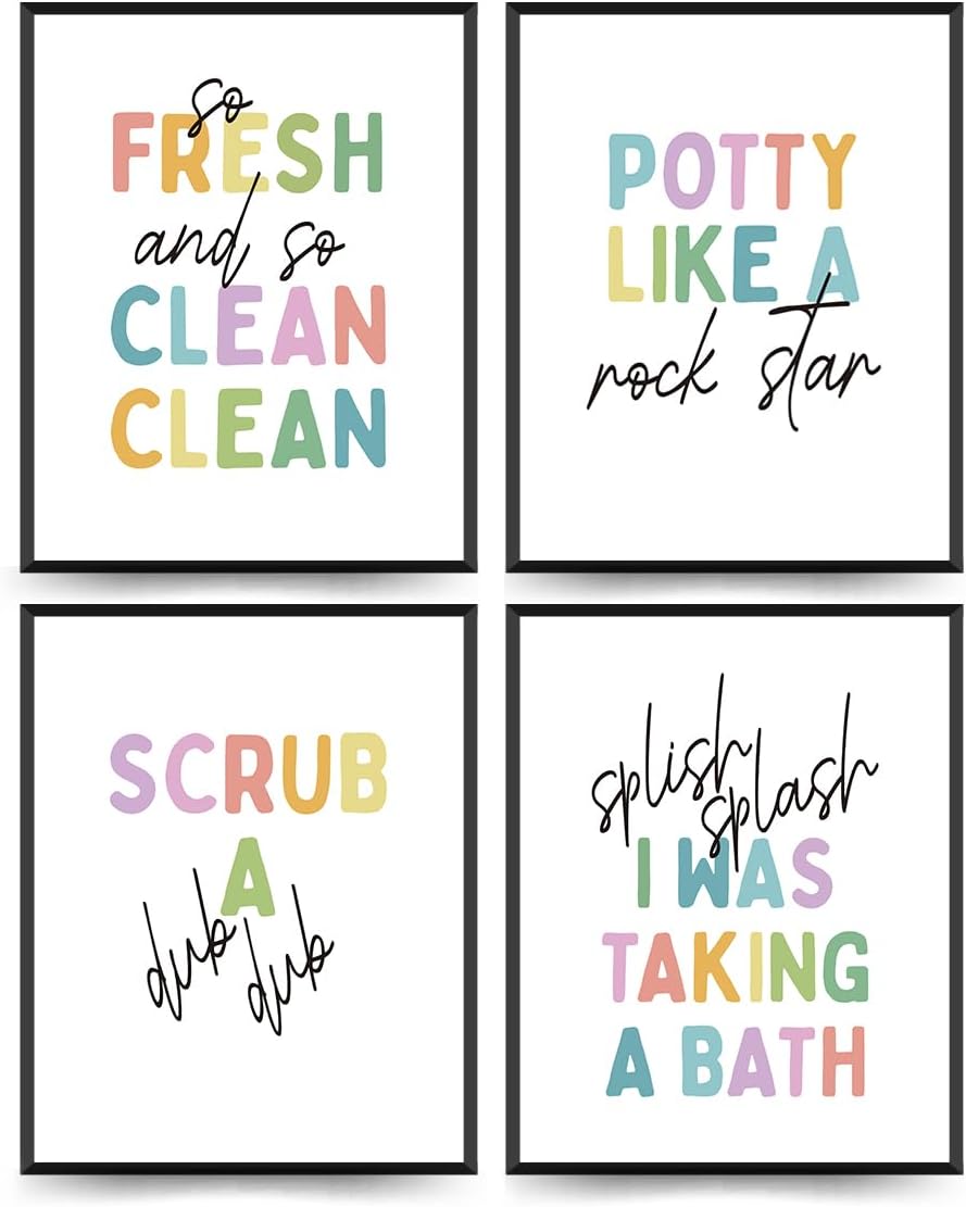 ETVISO Kids Bathroom Decor Set of 4, Toddler Bathroom Wall Decor Prints, So Fresh and Clean, 8x10 (Unframed)