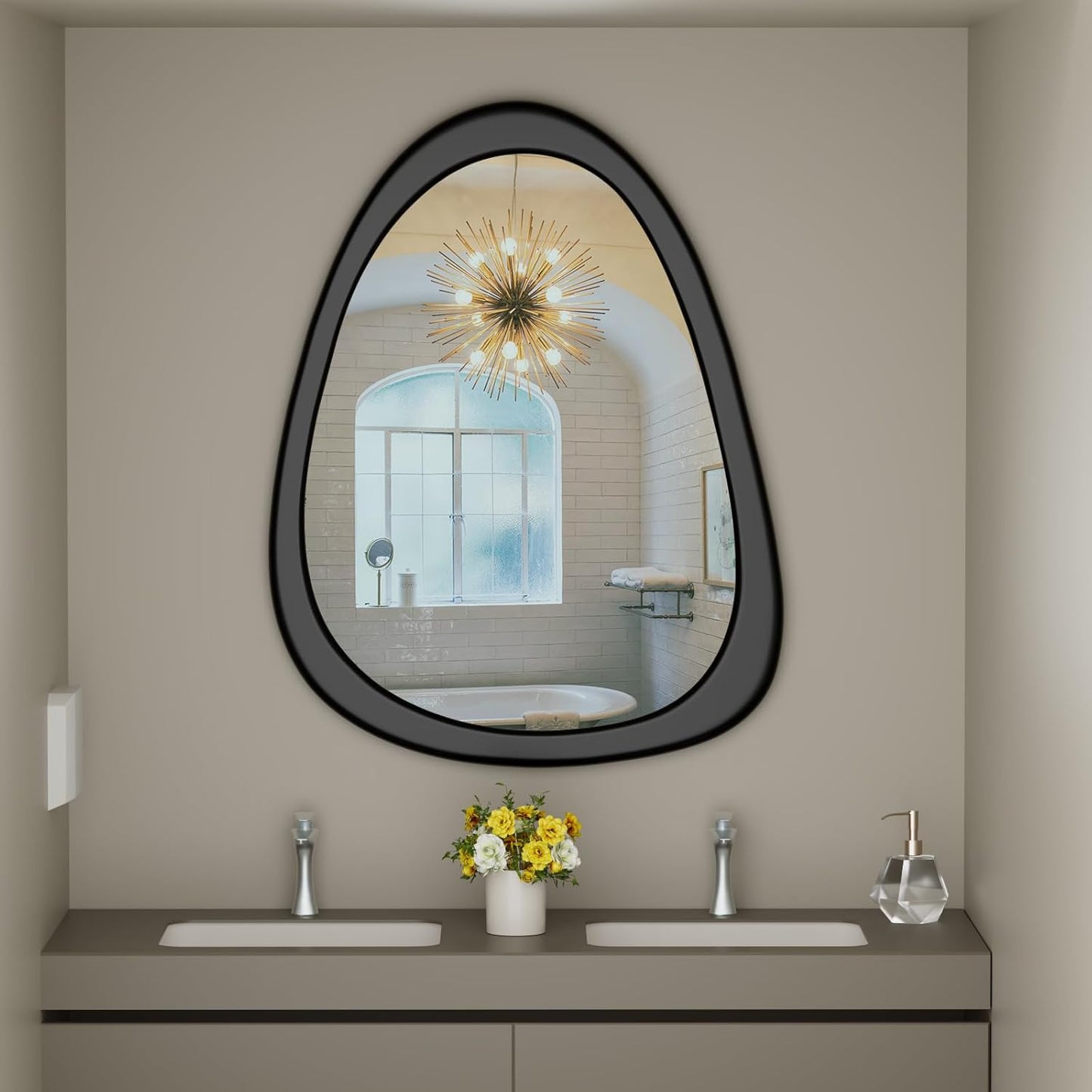 COOL2DAY Irregular Mirror,Asymmetrical Wood Wall Frame Abstract Assymetrical Decorative Mirror,Black Odd Shaped Mid Century Mirrors for Living Room Bedroom Entryway Bathroom Home Decor