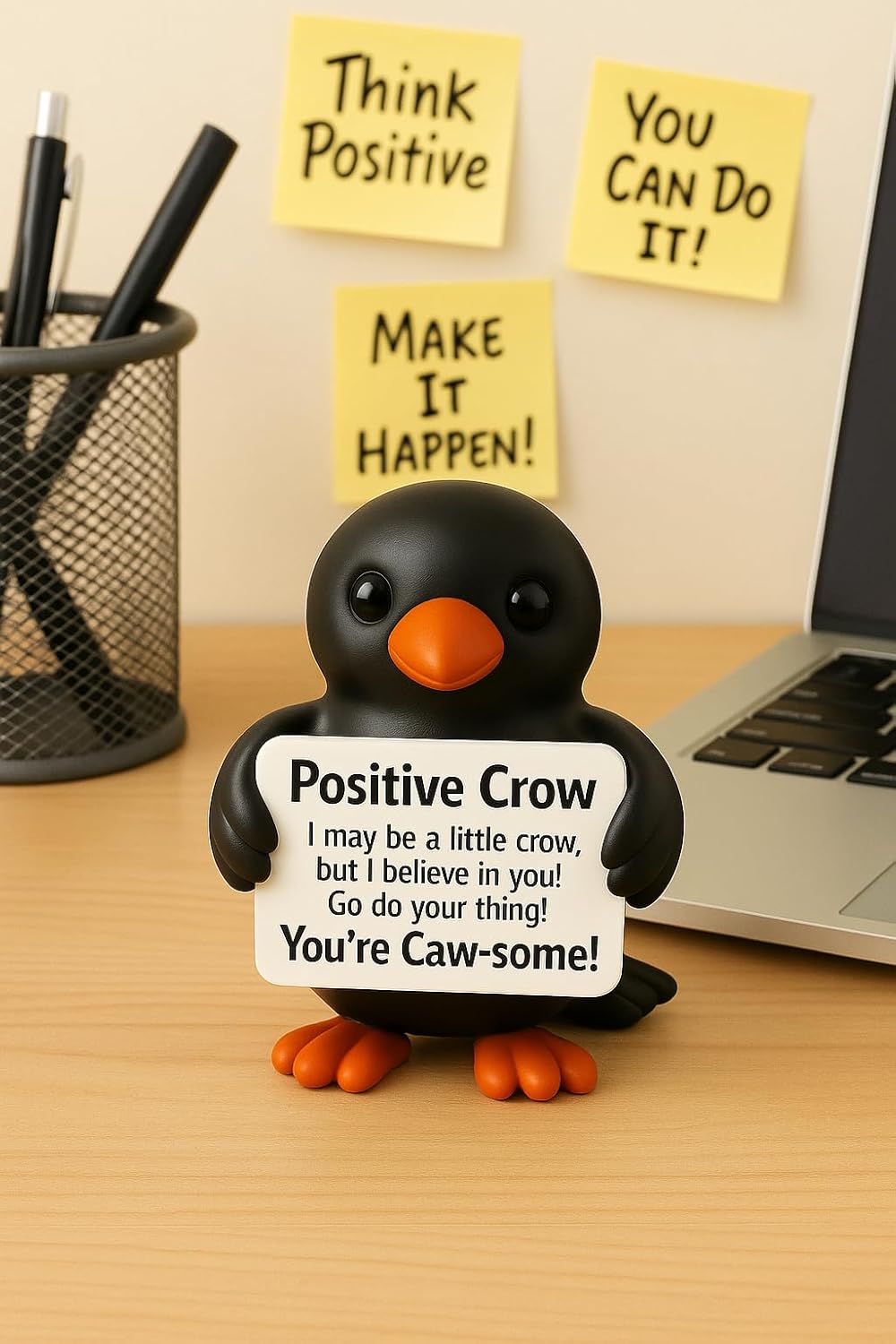 iStatue Positive Crow Resin Figurine – 4 Inch Halloween Indoor Decoration, Cute Motivational Quote Sign, Blackbird Fall Tabletop Decor for Office, Home, or Gifting (Black Crow)