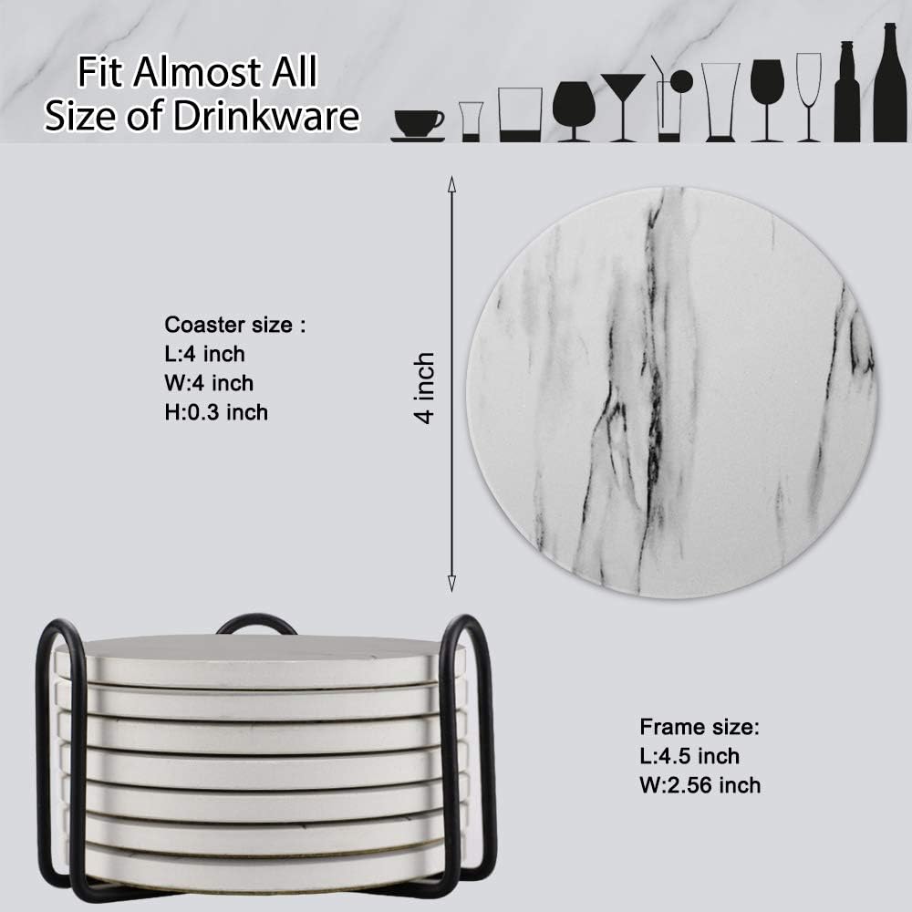 EAGMAK Set of 8 Coasters for Drinks, Absorbent Marble Style Ceramic Drink Coaster with Holder for Coffee Wooden Table Home Decor(Grey)