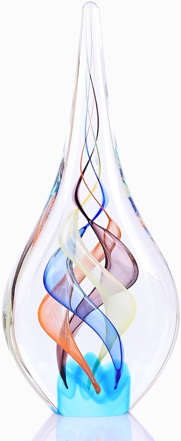 Blown glass sculpture, multi-color transparent glass art teardrop statue, unique ocean theme decoration for office, bookshelf, dresser, living room coffee table, fireplace countertop decoration.