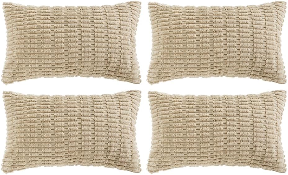 Fancy Homi 4 Packs Tan Decorative Throw Pillow Covers 16x24 Inch for Living Room Couch Bed Sofa, Beige Rustic Farmhouse Boho Home Decor, Soft Plush Striped Corduroy Square Cushion Case 40x60 cm