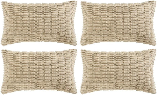 Fancy Homi 4 Packs Tan Decorative Throw Pillow Covers 12x24 Inch for Living Room Couch Bed Sofa, Beige Rustic Farmhouse Boho Home Decor, Soft Plush Striped Corduroy Square Cushion Case 30x60 cm