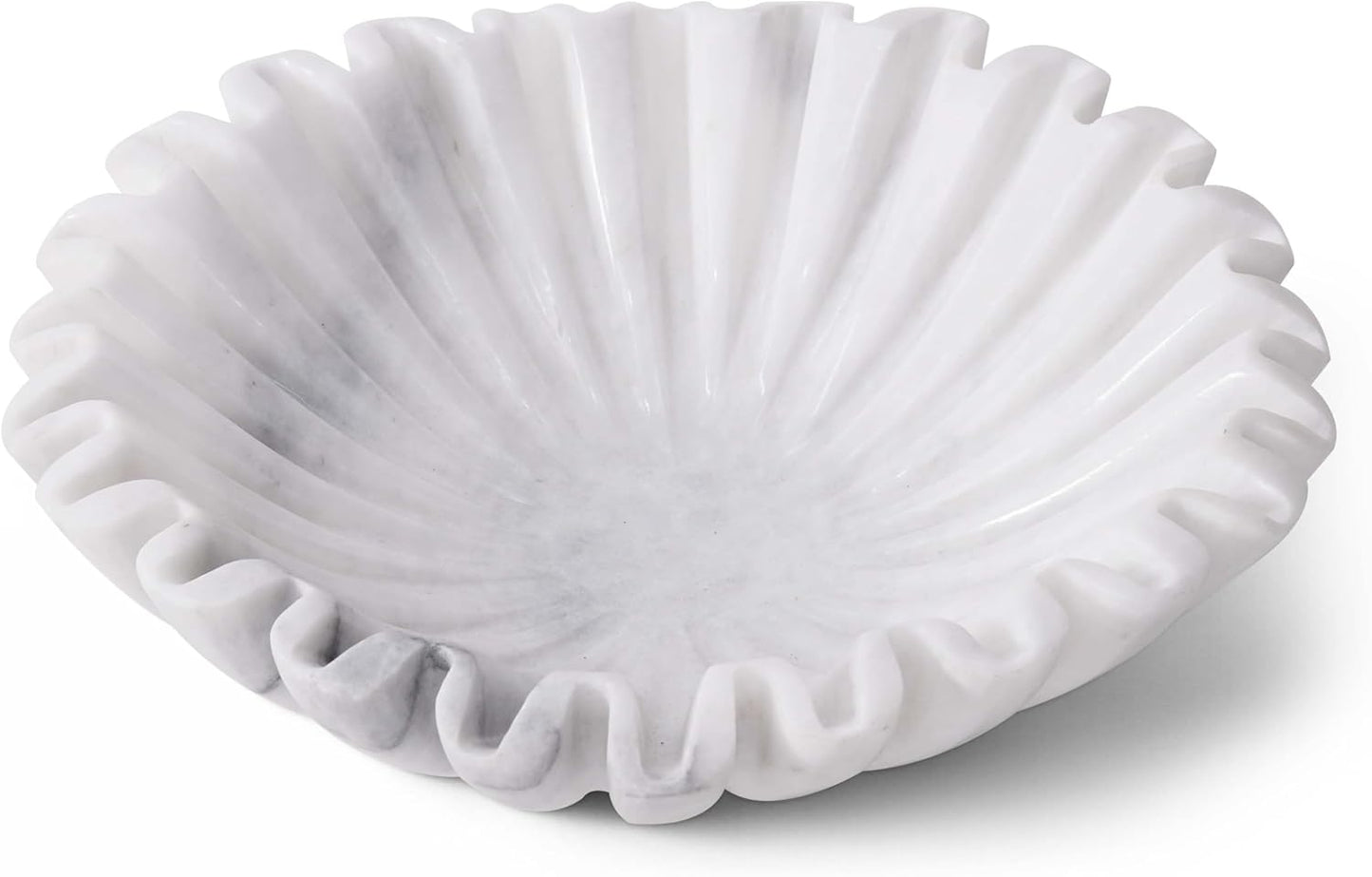 Marble Decorative Bowl 10 Inch Handmade White Fruit Bowl for Kitchen Counter - Large Ruffle & Scalloped Bowls for Dining, Coffee Table Centerpieces & Home Decor