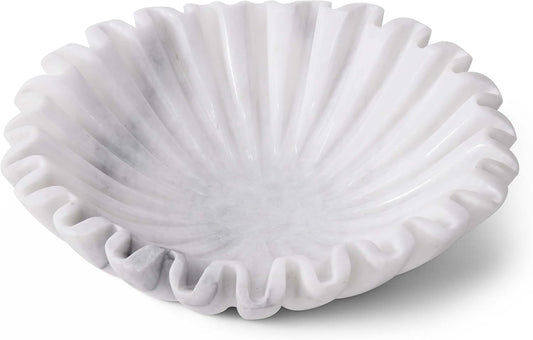 Marble Decorative Bowl 10 Inch Handmade White Fruit Bowl for Kitchen Counter - Large Ruffle & Scalloped Bowls for Dining, Coffee Table Centerpieces & Home Decor