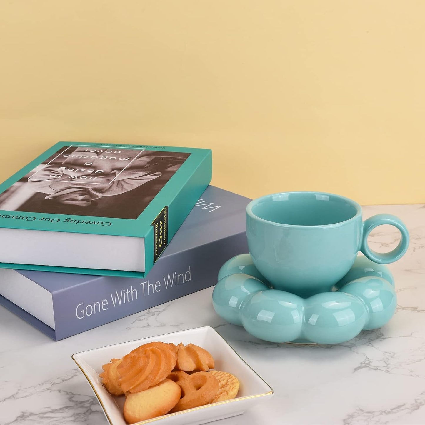 Koythin Ceramic Coffee Mug with Saucer Set, Creative Cute Cup with Sunflower Coaster for Office and Home, Dishwasher and Microwave Safe, 6.5 oz/200 ml for Tea Latte Milk (Blue-green)