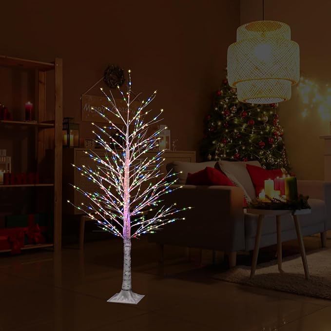 5FT Lighted Birch Tree with Twinkle Lights, Twinkling or Steady Function for Selected, Christmas Tree Multicolor Lights, Birch Tree with LED Lights for Indoor Outdoor Christmas Decorations