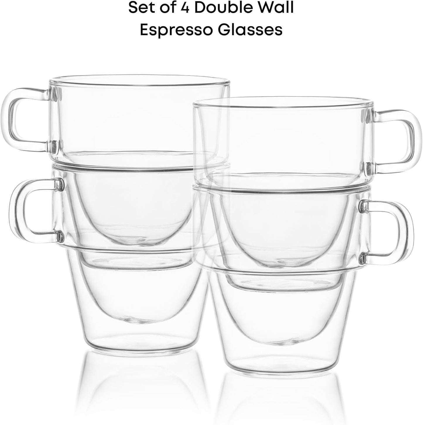 JoyJolt Stoiva Double Wall Insulated Espresso Glass Cups – 5 oz. (150 ml) Shot Cup with Handle – Stackable Thermal Clear Glass Cups, Fit for Espresso Machine and Coffee Maker – Set of 4