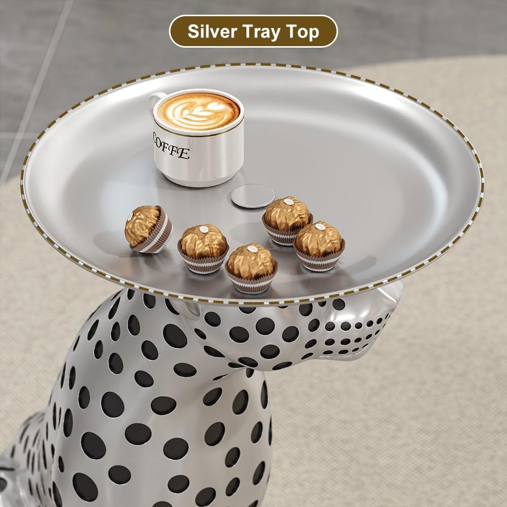 LOVEDIMA 24.2" Resin Panther Statue Luxury Silver Leopard Floor Figurine Accent Side Statue with Tray Top for Small Space Living Room Bedroom