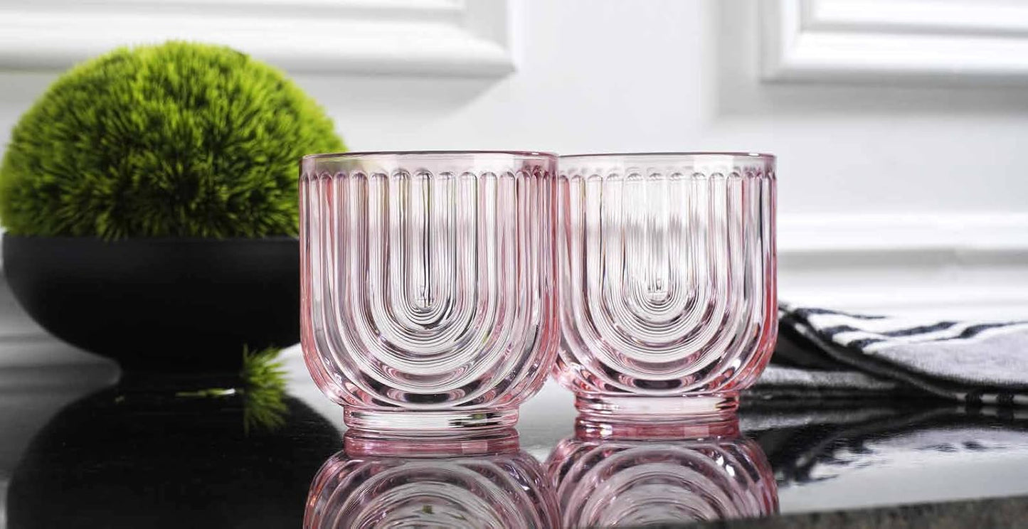 Glaver's Vintage Glassware Art Deco Glasse Ribbed Drinking Glasses U-Shape Arch Design Colored Cocktail Kitchen Tumblers Everyday Dinner Decorative Party (Pink S/4 11oz)