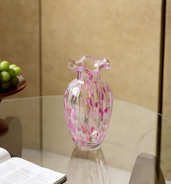 Hand Blown Pink Glass vase-8.7 inch Tall, Modern Art Wide Mouth Glass vase for Living Room, Wedding, Dining Table, Office Center Table Display Flower