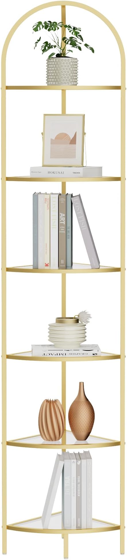 Homhedy 6-Tier Corner Shelf Stand, Metal Corner Bookshelf, Tempered Glass Shelves, Bathroom Storage Rack Shelf, Plant Stand, Modern Style, Golden
