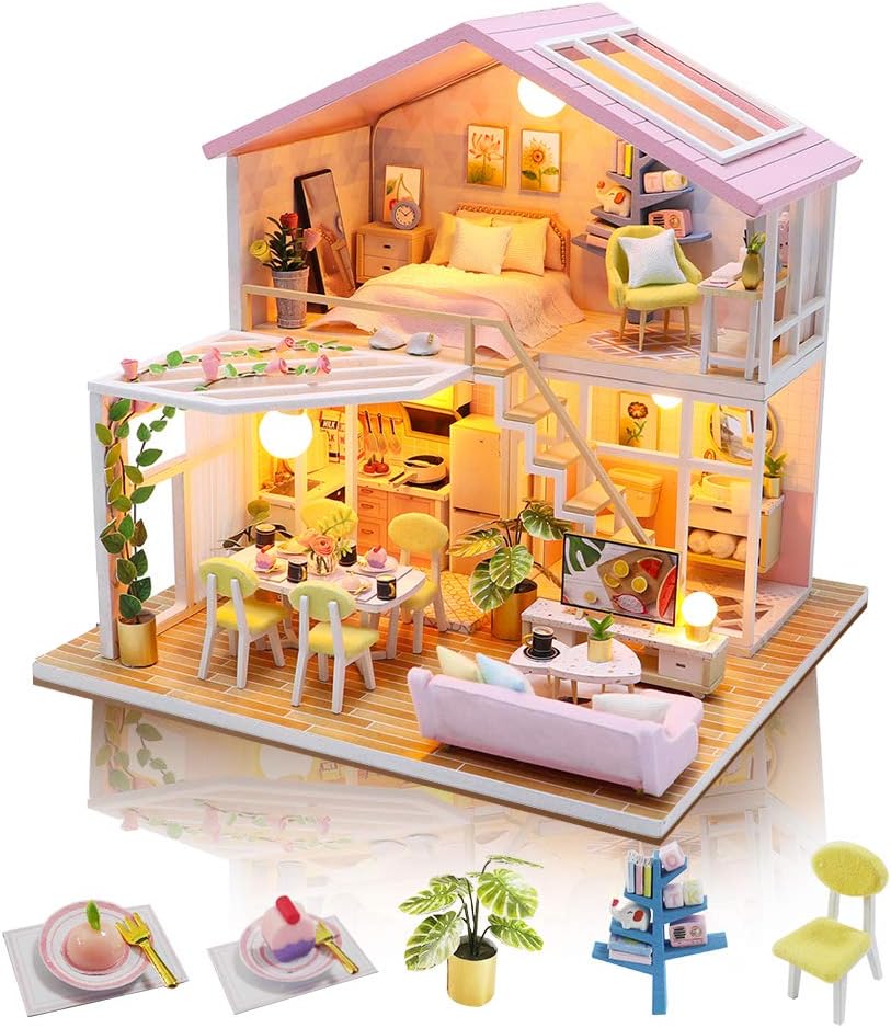 GuDoQi DIY Miniature Dollhouse Kit, Tiny House kit with Furniture and Music, Miniature House Kit 1:24 Scale, Great Handmade Gift for Birthday Christmas Day, Sweet Time House