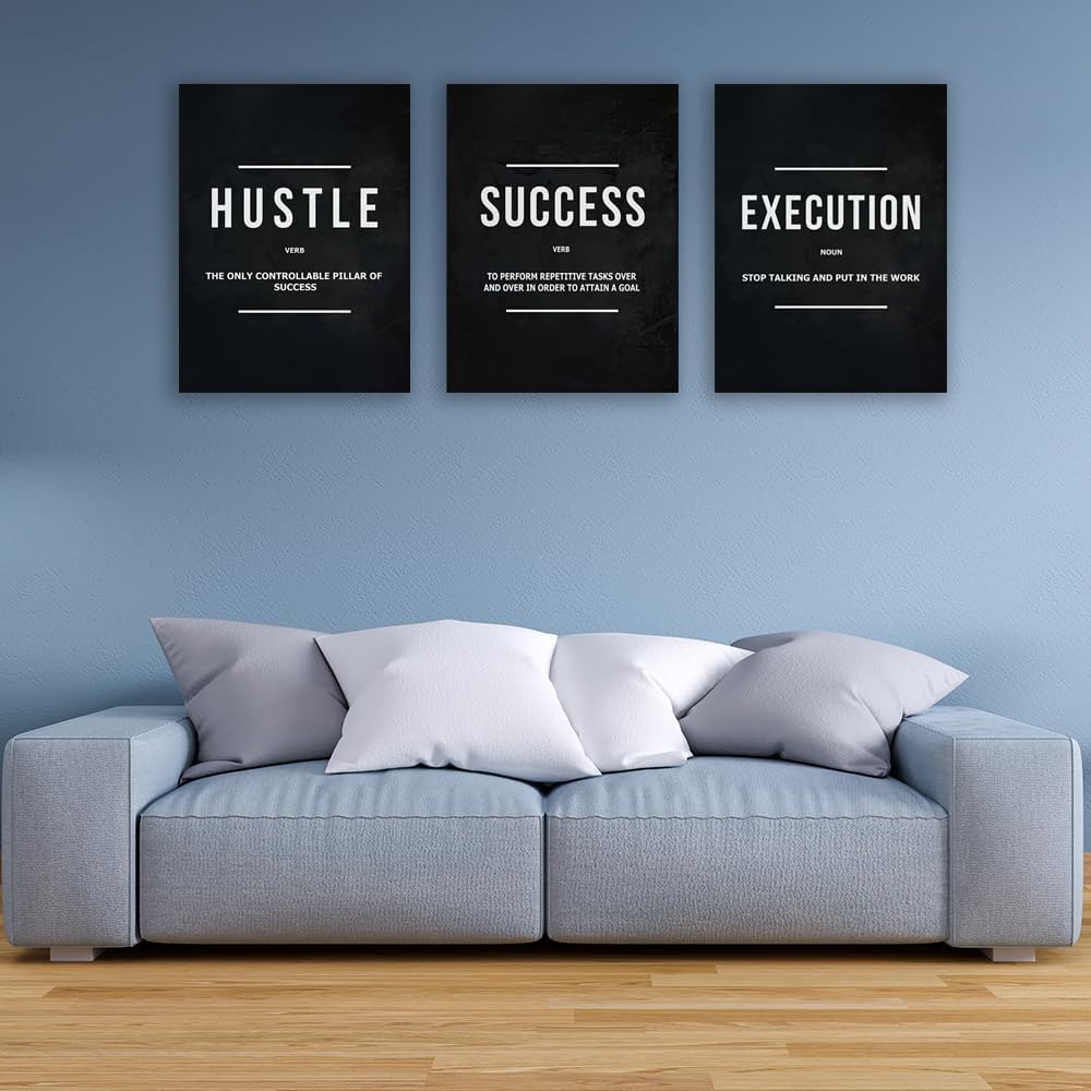 Inspirational Posters Success Canvas Wall Art Goal Artwork Entrepreneur Quote Painting Motivational Office Wall Decor Hustle Art for Bedroom Living Room Home Decoration Framed 12inch x16inch x3pieces