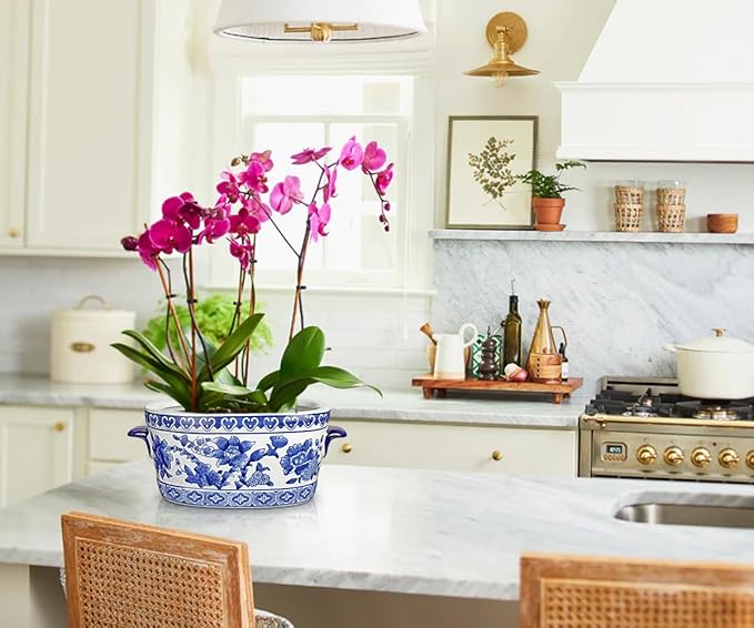 Blue and White Ceramic Planter Pot – Vintage Floral Oval Cachepot Vase for Indoor Plants, Flowers & Succulents – Glazed Chinese Porcelain Style Decorative Bowl –10.6" Size – No Drainage