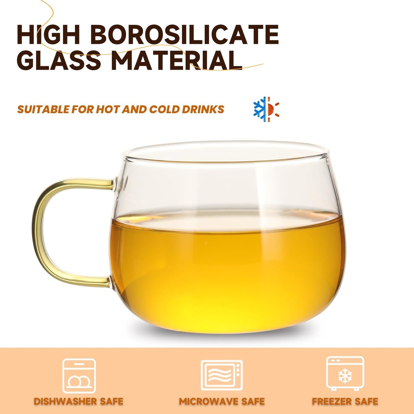 Glass Tea Cups Set of 4, Clear Borosilicate Glass Teacups with Colorful Handle for Tealover, Dishwasher & Microwave Safe Large Coffee Mugs for Espresso Cappuccino Latte Juice, 12OZ/360ML