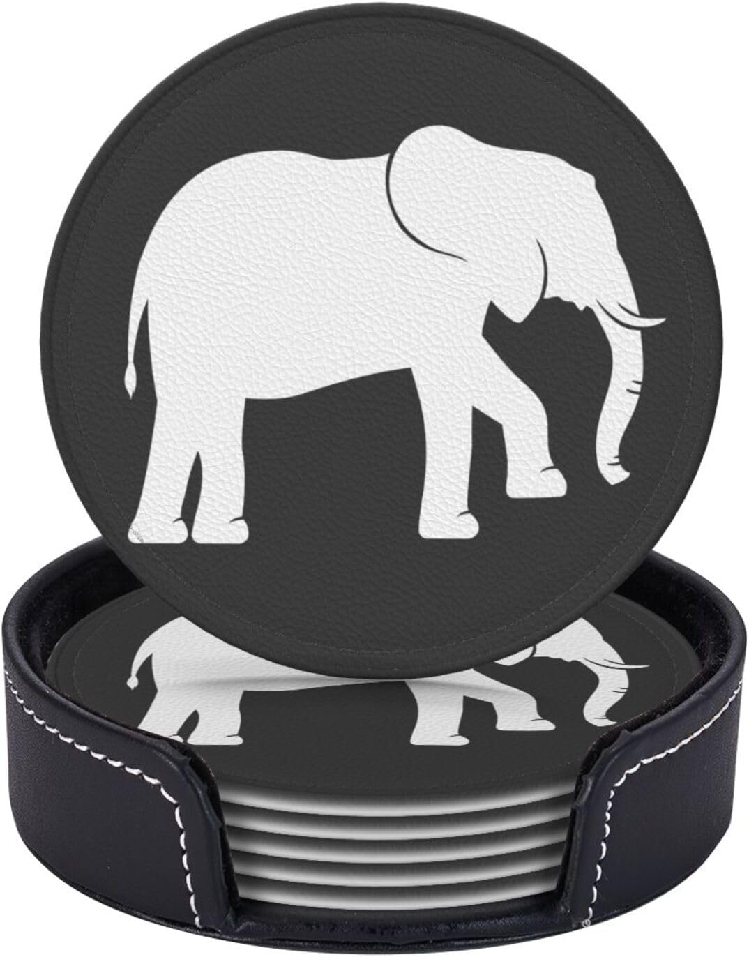 Black and White Elephant Leather Drink Coasters Set of 6 with Holder Round Cup Coaster for Table Decor