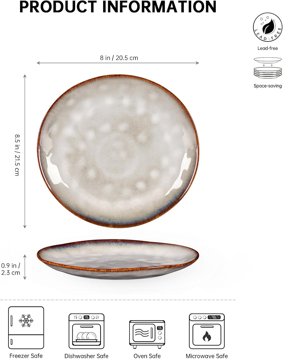 Henten Home Ceramic Dessert Plates, 8.5 Inch Salad Plate Set of 4, Porcelain Snack Serving Dishes for Cake, Kitchen, Microwave & Dishwasher Safe, Reactive Glaze (White)