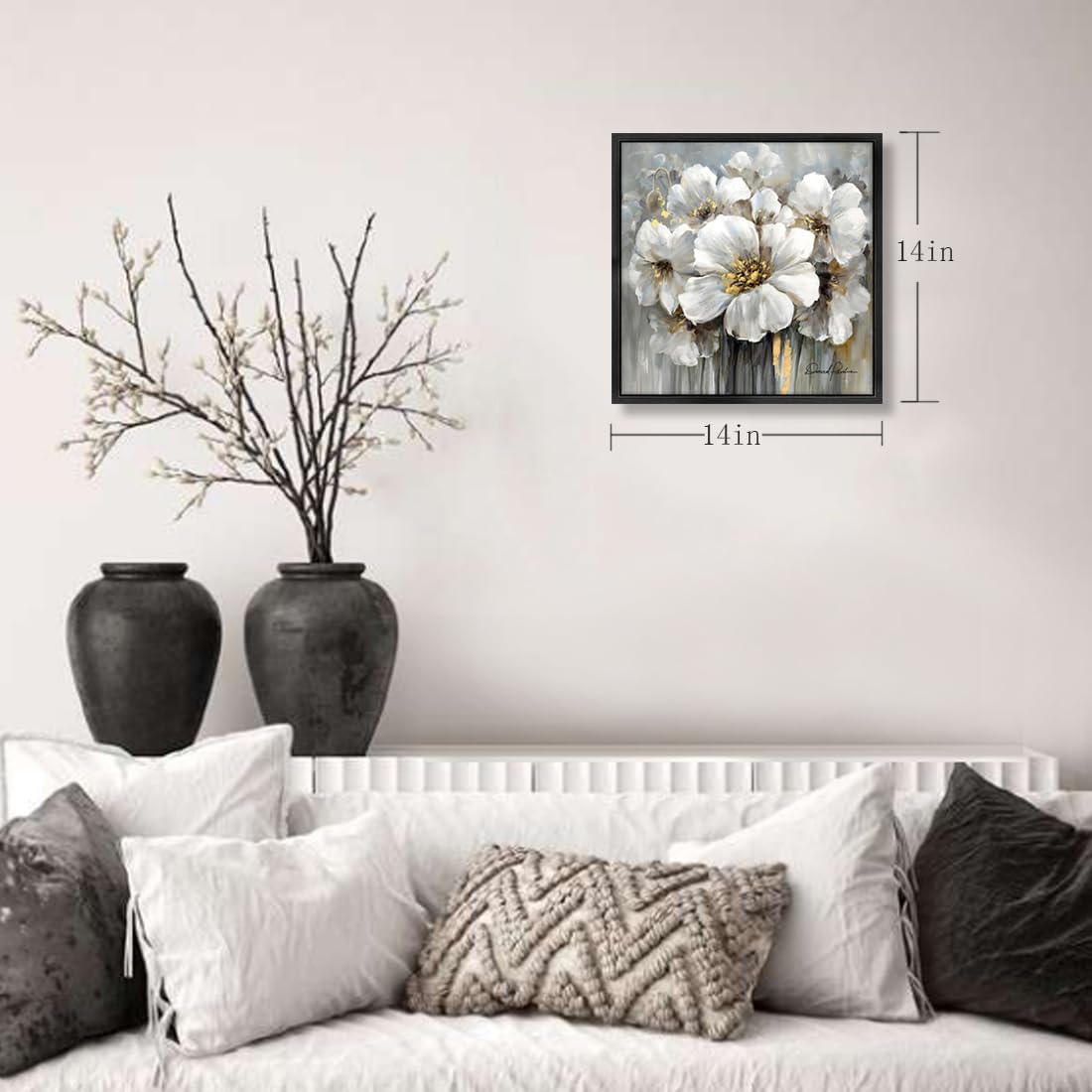 Framed Flowers Canvas Wall Art, 13.5W x 13.5H inch, White Floral and Black Frame