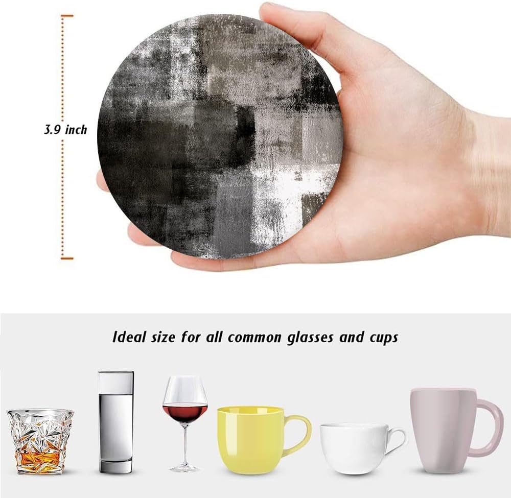 LOKMU Coasters for Drinks,Round Absorbent Ceramic Stone Coaster Sets of 6 with Metal Holder Stand,Black and Grey Abstract Art Coasters with Cork Base for Coffee Wooden Table,Housewarming Gifts