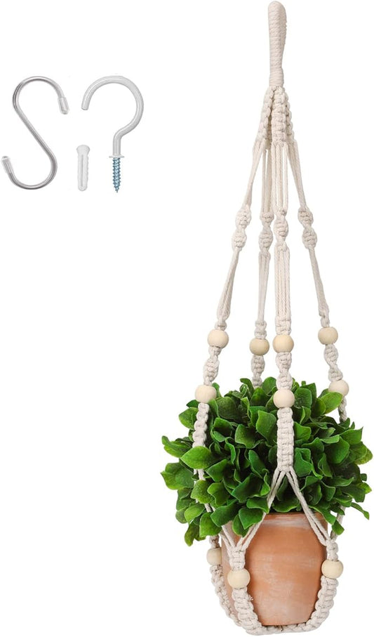 Macrame Plant Hanger Indoor, 23" No Tassel Hanging Plant Holder, Sturdy Flower Pot Holder with 2 Hooks - Ivory (Pot NOT Included)